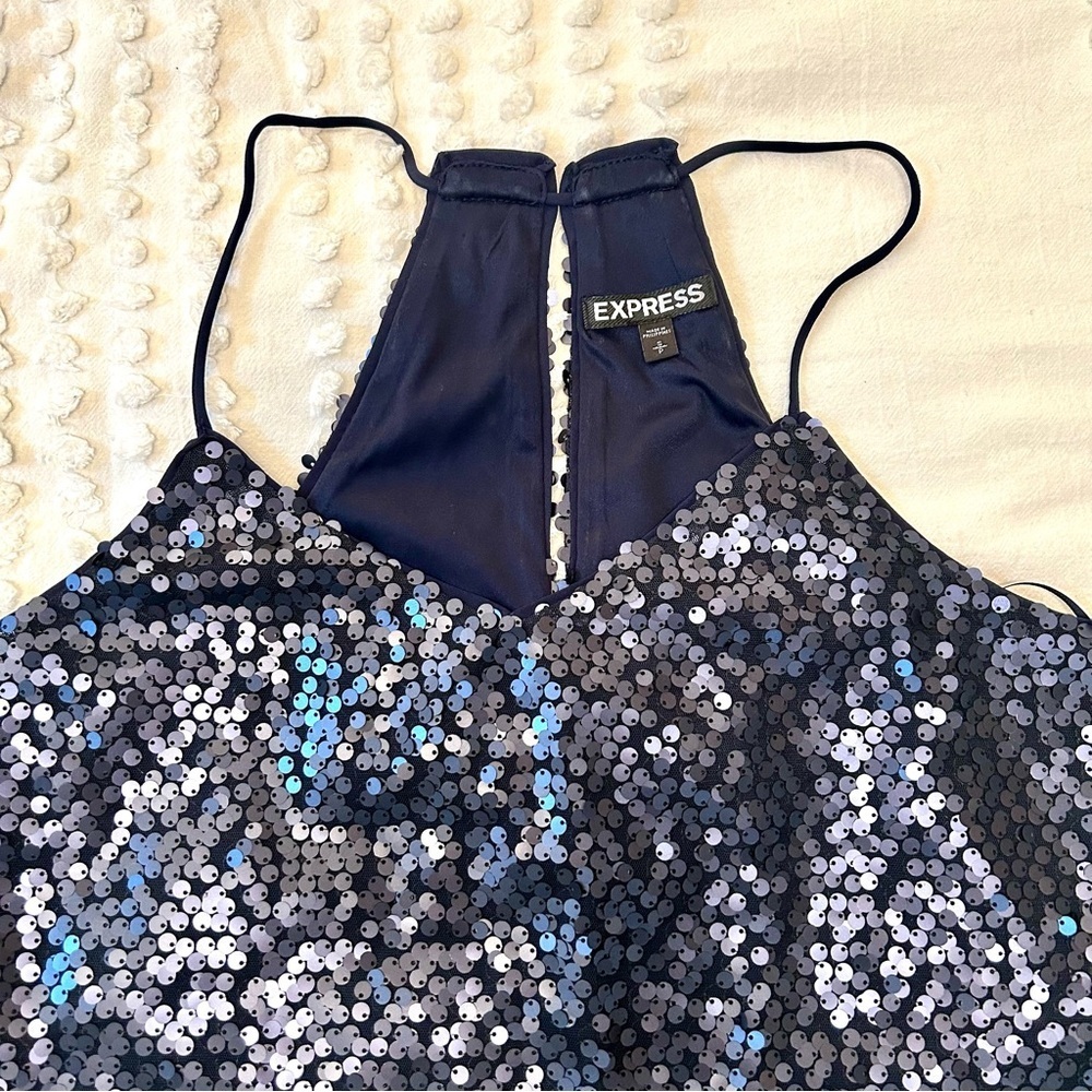 Express Women’s Racerback Matte Navy Sequin Dress Sz S EUC - Picture 5 of 10